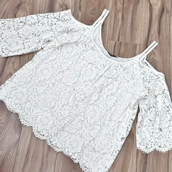 White House Black Market Tops - WHBM WHITE HOUSE BLACK MARKET | White Lace Cold Shoulder Eyelash Blouse | Large